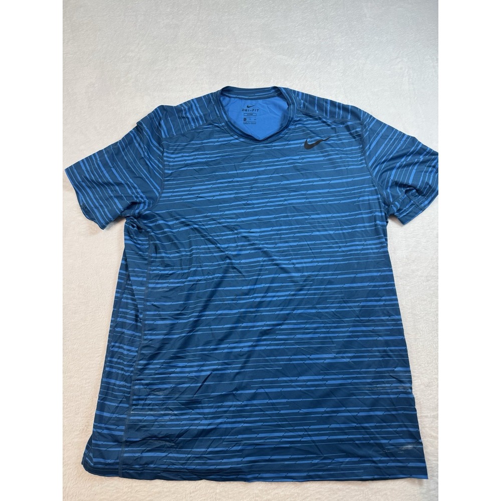 Nike‎ Shirt Mens XXLarge Blue Short Sleeve Dri Fit Striped Athletic Workout Gym